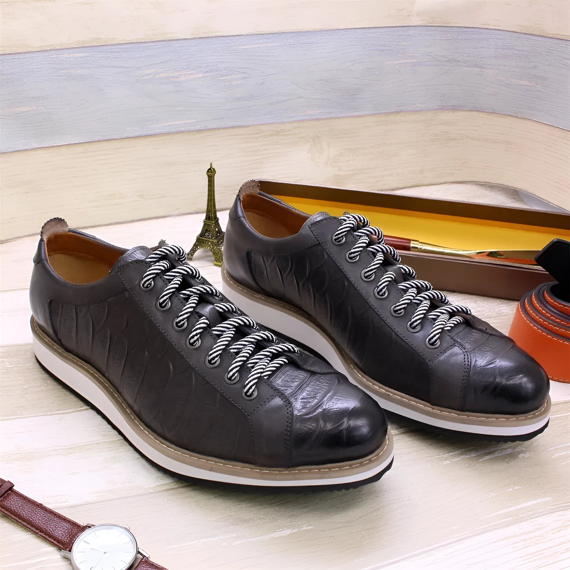 Men's pattern embossed handmade shoes in low tube height with front tie design in four colour options