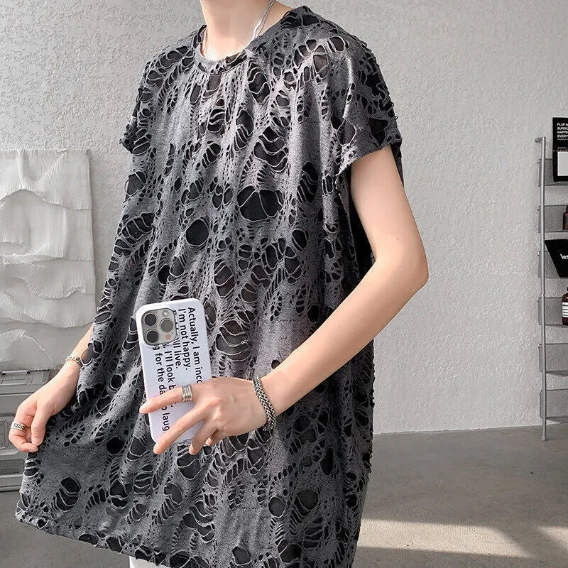 Black ripped beggar sleeveless wide shoulder vest, loose fit, polyester fibre, Japanese retro style