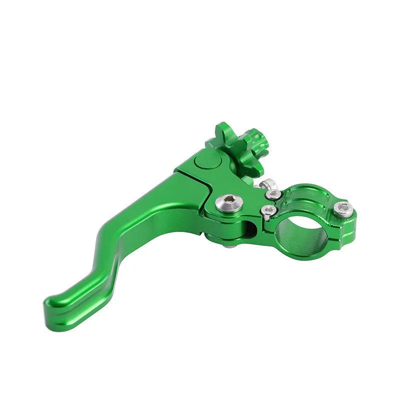 Aluminium motorcycle clutch lever in a selection of eight colours including red, black, silver, and gold.