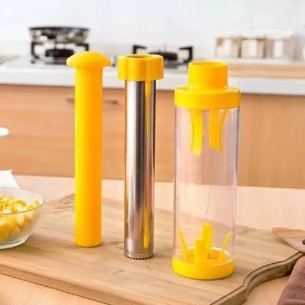 Yellow cylindrical corn stripper tool with stainless steel threshing mechanism