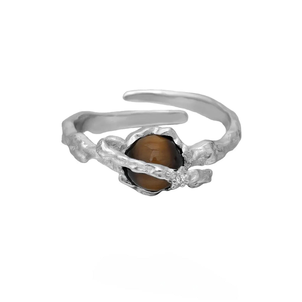 Silver Saturn planetary motif open ring with adjustable size and white gold electroplated finish