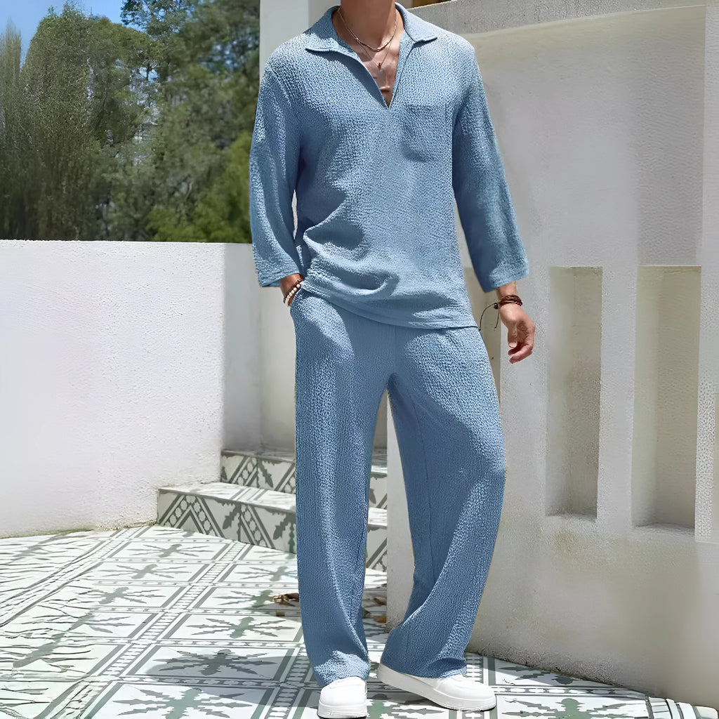 Men's casual polyester shirt trousers suit in black, caramel, khaki or lake blue colours with shirt jacket design