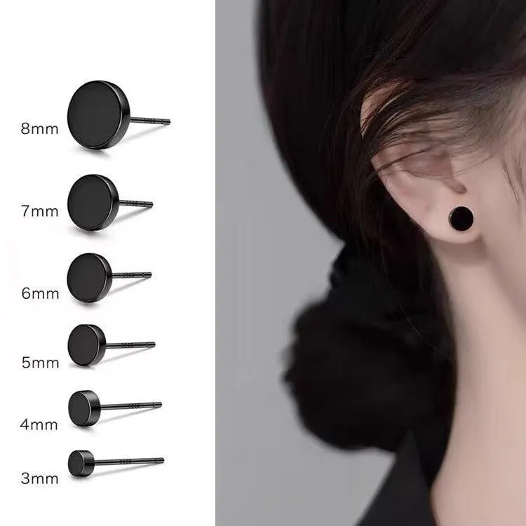 Sterling silver S999 flat ear bone stud earrings with round geometric design in silver and black colours