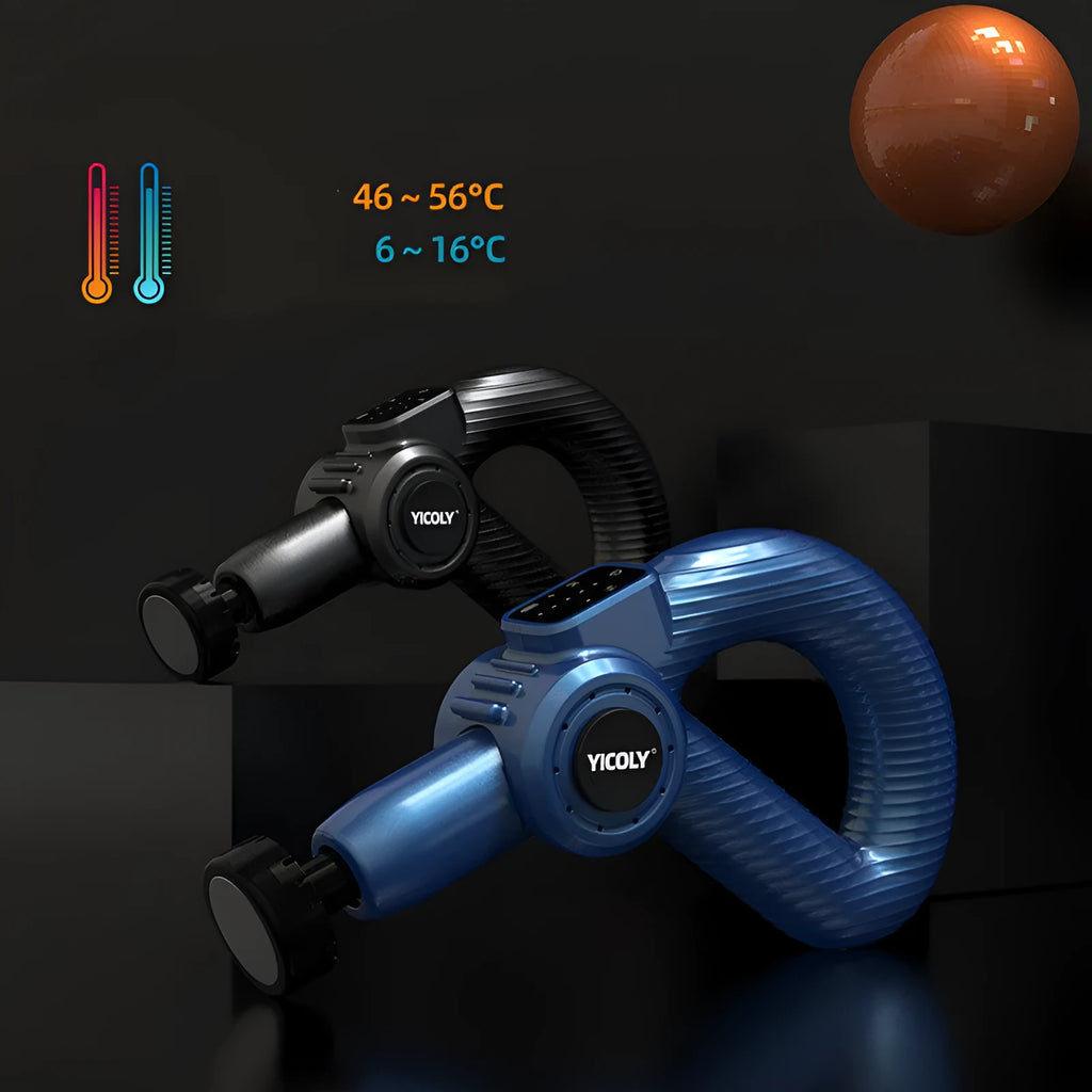 Black smart muscle massage gun with five attached heads for hot, ice, and percussion therapy