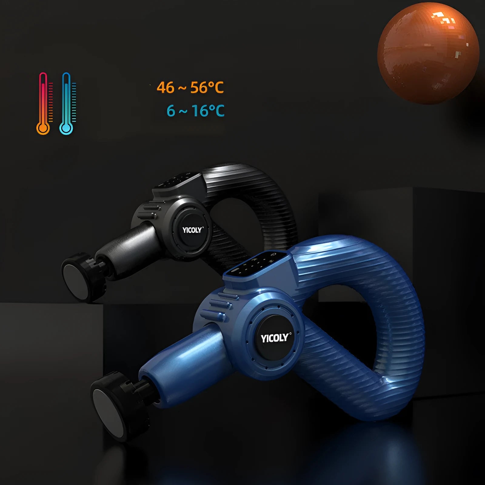 Black smart muscle massage gun with five attached heads for hot, ice, and percussion therapy