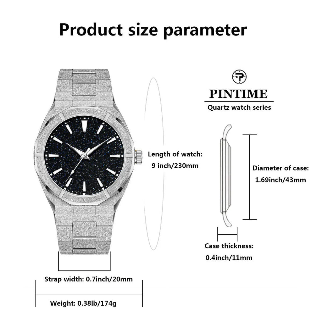 Men's business watch with frosted stainless steel case and luminous hands in silver, gold and black options