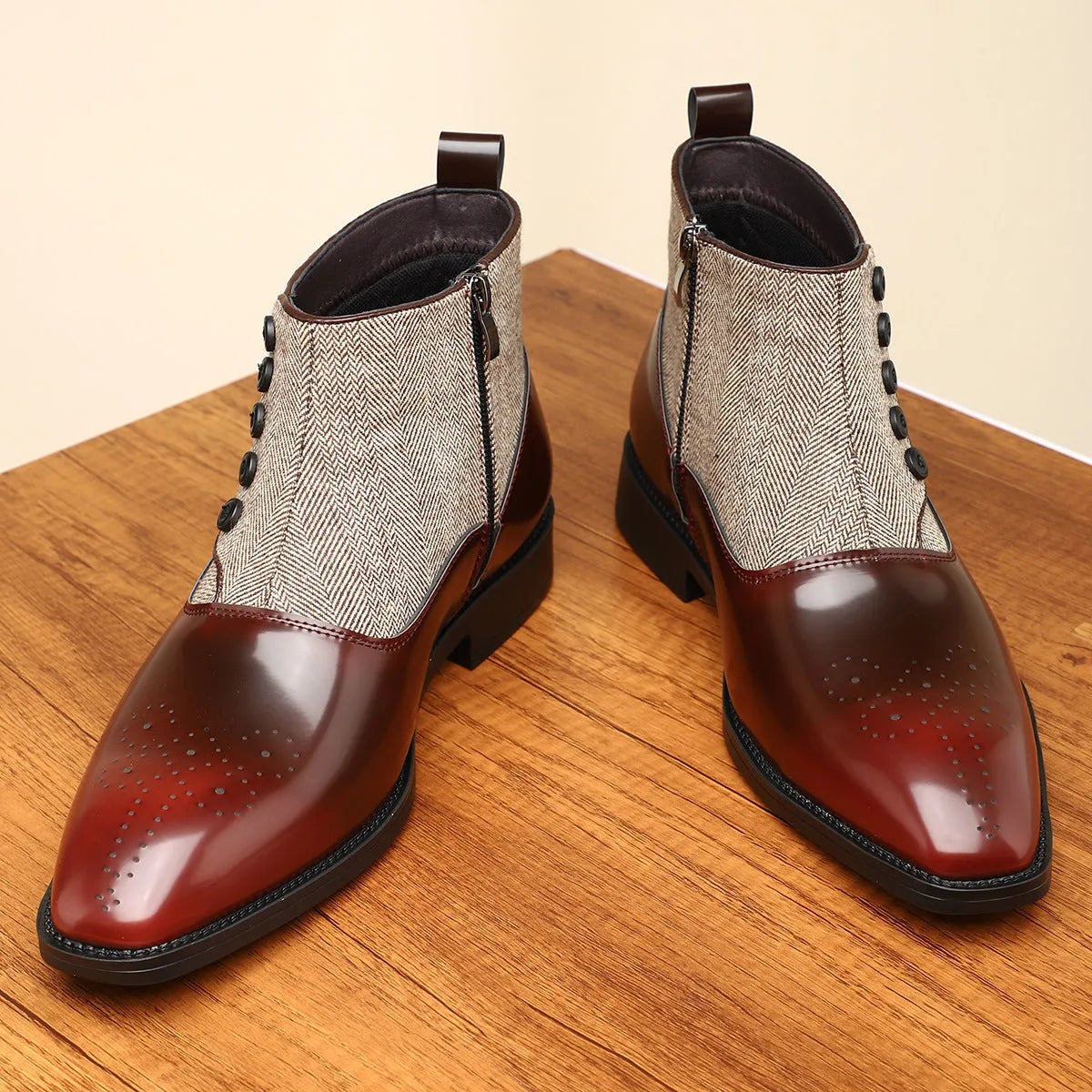 Men's brown and green retro formal leather-style shoes with side zipper and square toe.