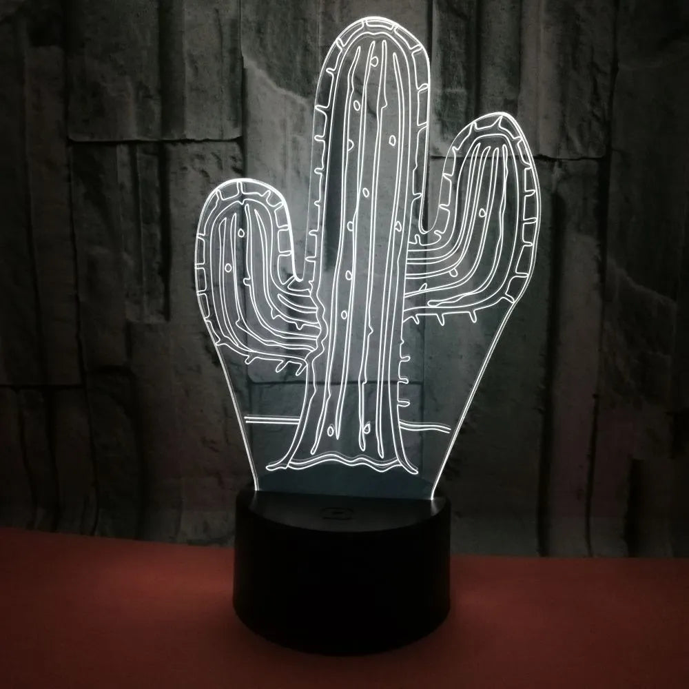 Cactus 3D night light with touch control showing green LED glow on a wooden table