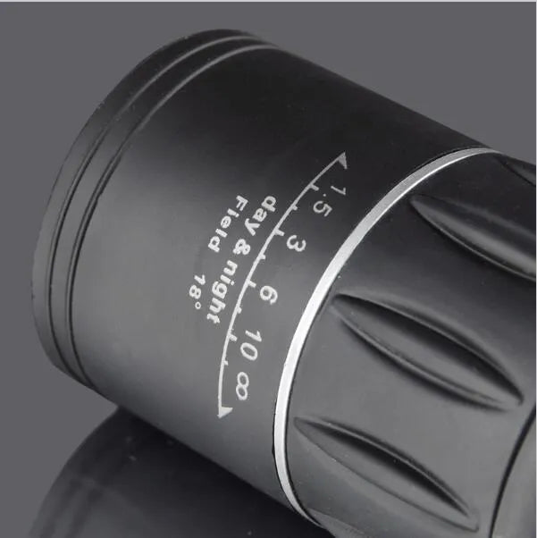 Black 16x52 high-power monocular with large objective lens, shown with dimensions of 145mm by 52mm.