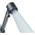 Portable ABS plastic shower head with three-setting dial for spray, massage, and rainfall modes.