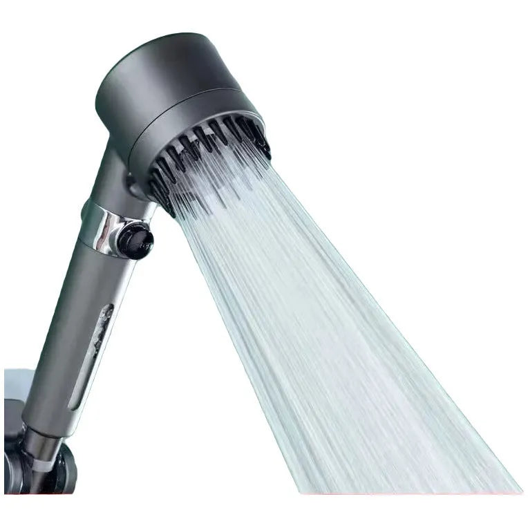 Portable ABS plastic shower head with three-setting dial for spray, massage, and rainfall modes.
