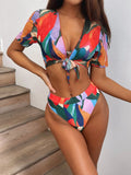 Red printed women's split swimsuit bikini for swimming and casual surfing