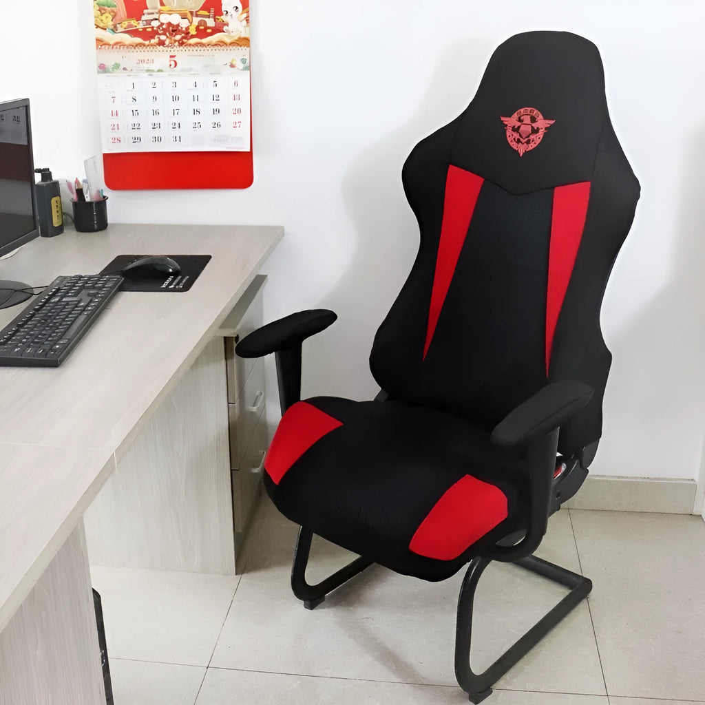 Dustproof polyester chair cover set for home computer chair, 80x88cm, black red, with armrest covers