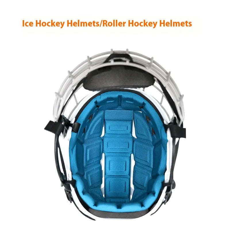 Ice hockey helmet with integrated steel face mask shown in size options S, M, L, XL.
