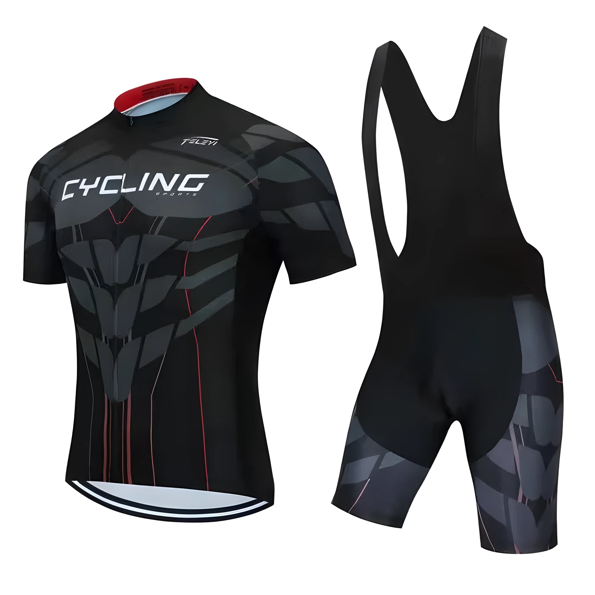 Cycling jersey set comprising a moisture-wicking top and pants for summer biking.