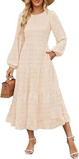 Women's long sleeve dress with high waist and ruffled sleeves in autumn colours