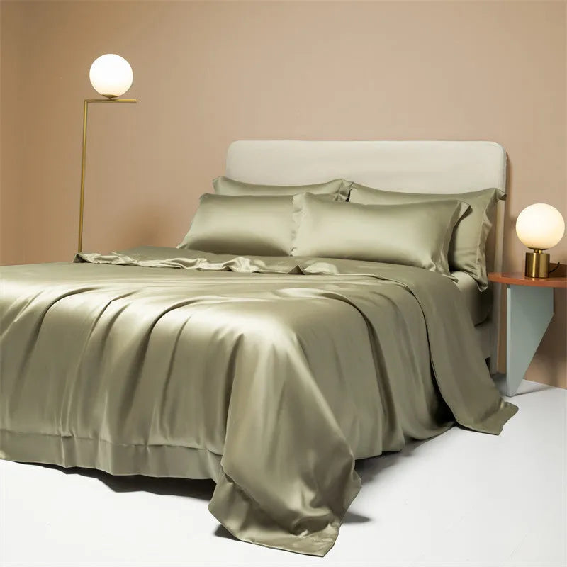 Luxury Lenzing Tencel quilt cover and pillowcase set in a modern style, showing colour options like Aurora Blue.