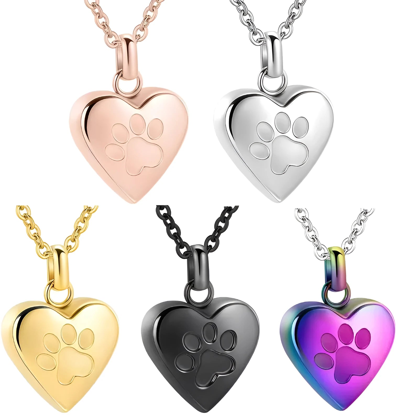Openable heart-shaped cinerary casket necklace with paw print, made from polished titanium steel.