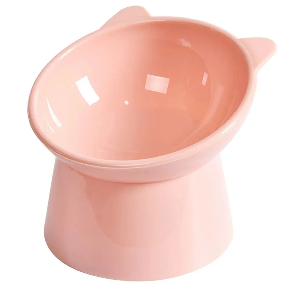Ergonomic tilted raised plastic cat food bowl in blue with non-slip base for anti vomiting feeding