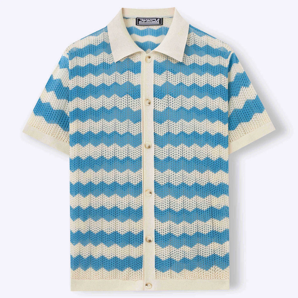 Short sleeve corrugated pattern sweater in blue colour with textured jacquard construction