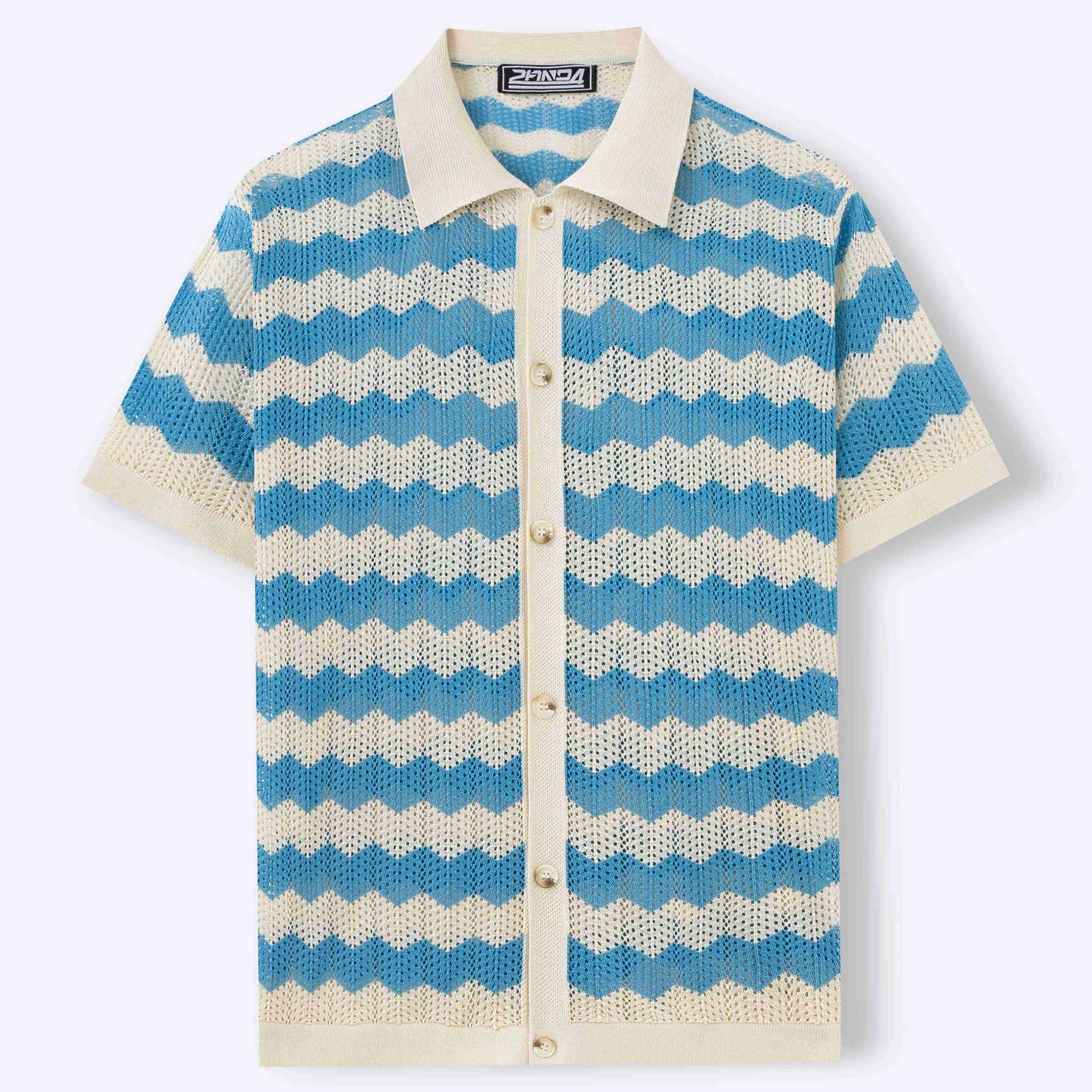 Short sleeve corrugated pattern sweater in blue colour with textured jacquard construction