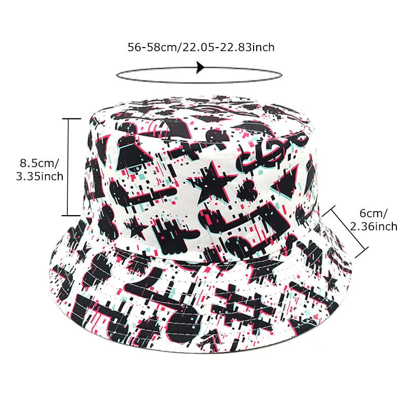Bucket hat with musical note pattern in retro style, dome crown construction, polyester fabric