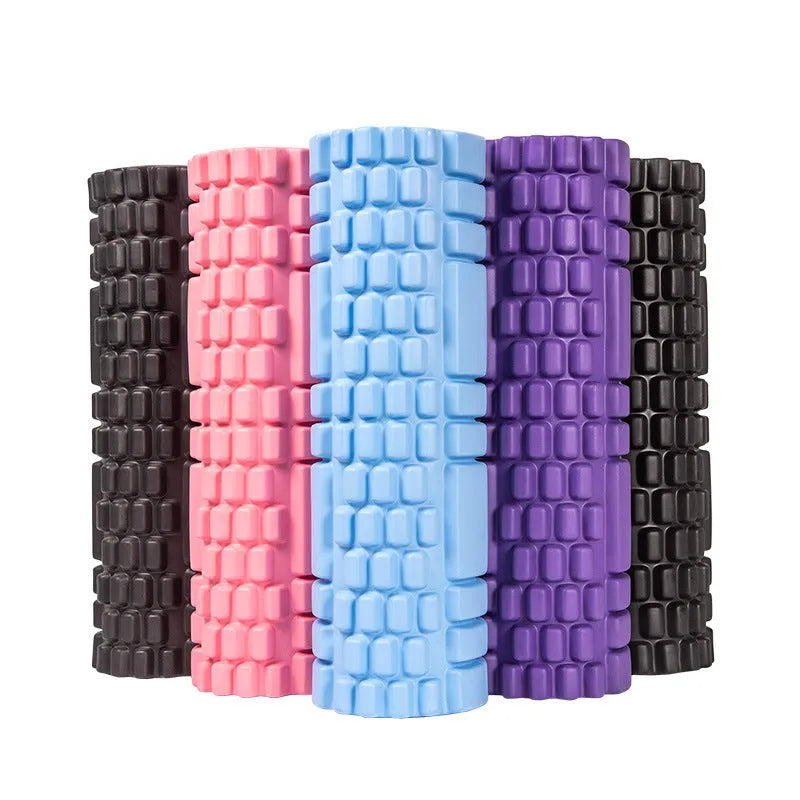 EVA foam roller for fitness recovery in black, shown alongside grey and pink colour options.
