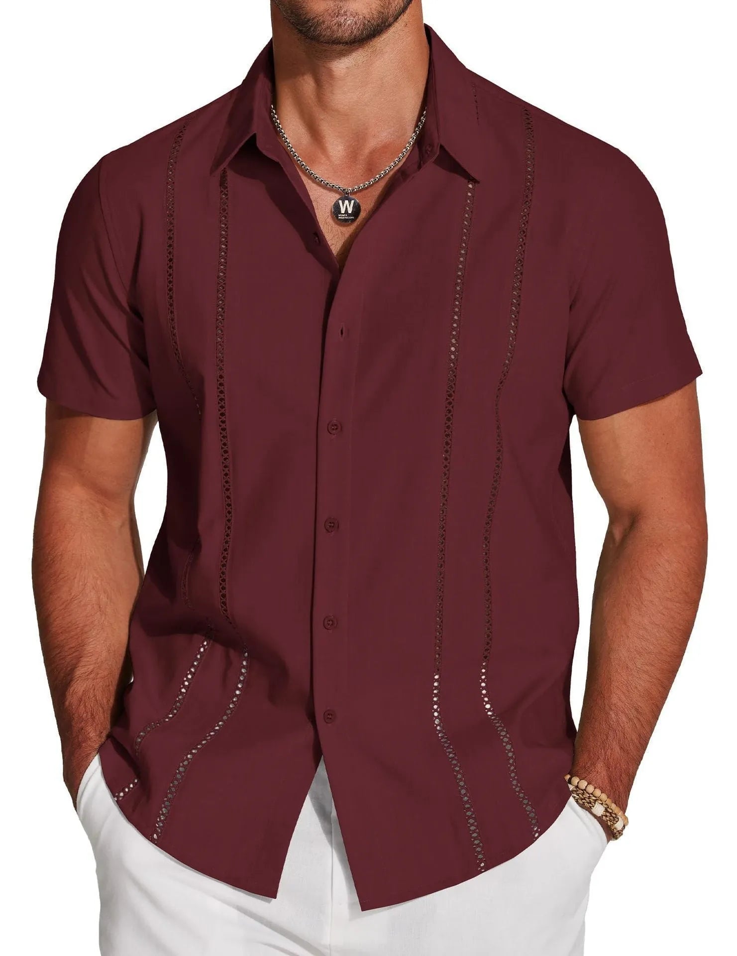 Men's slim fit Hawaiian shirt with colourful digital print pattern on polyester fabric.