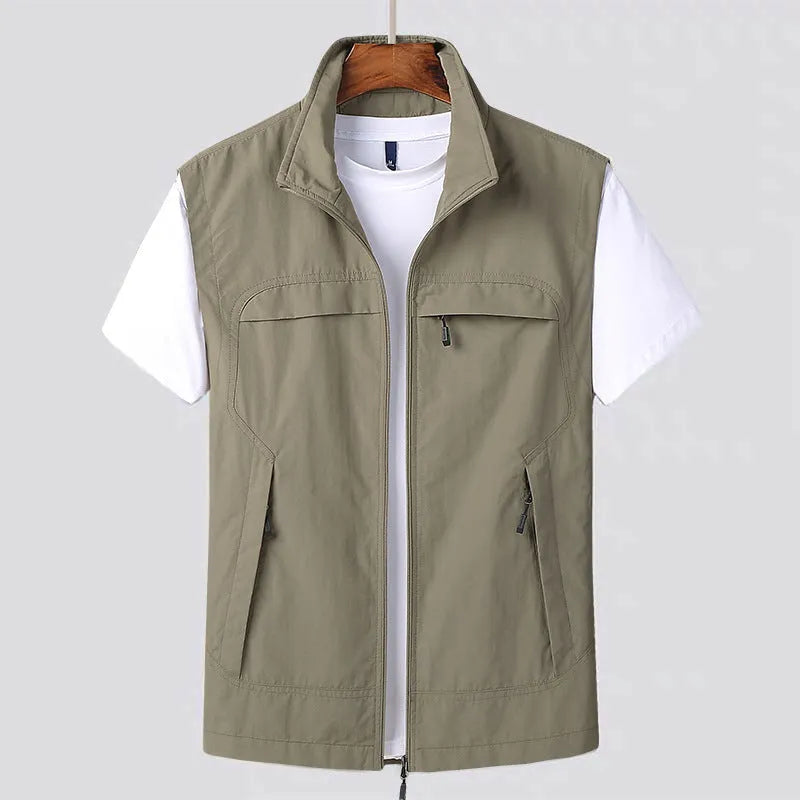 Men's striped waterproof vest with multiple pockets and hood in chemical fibre blend fabric