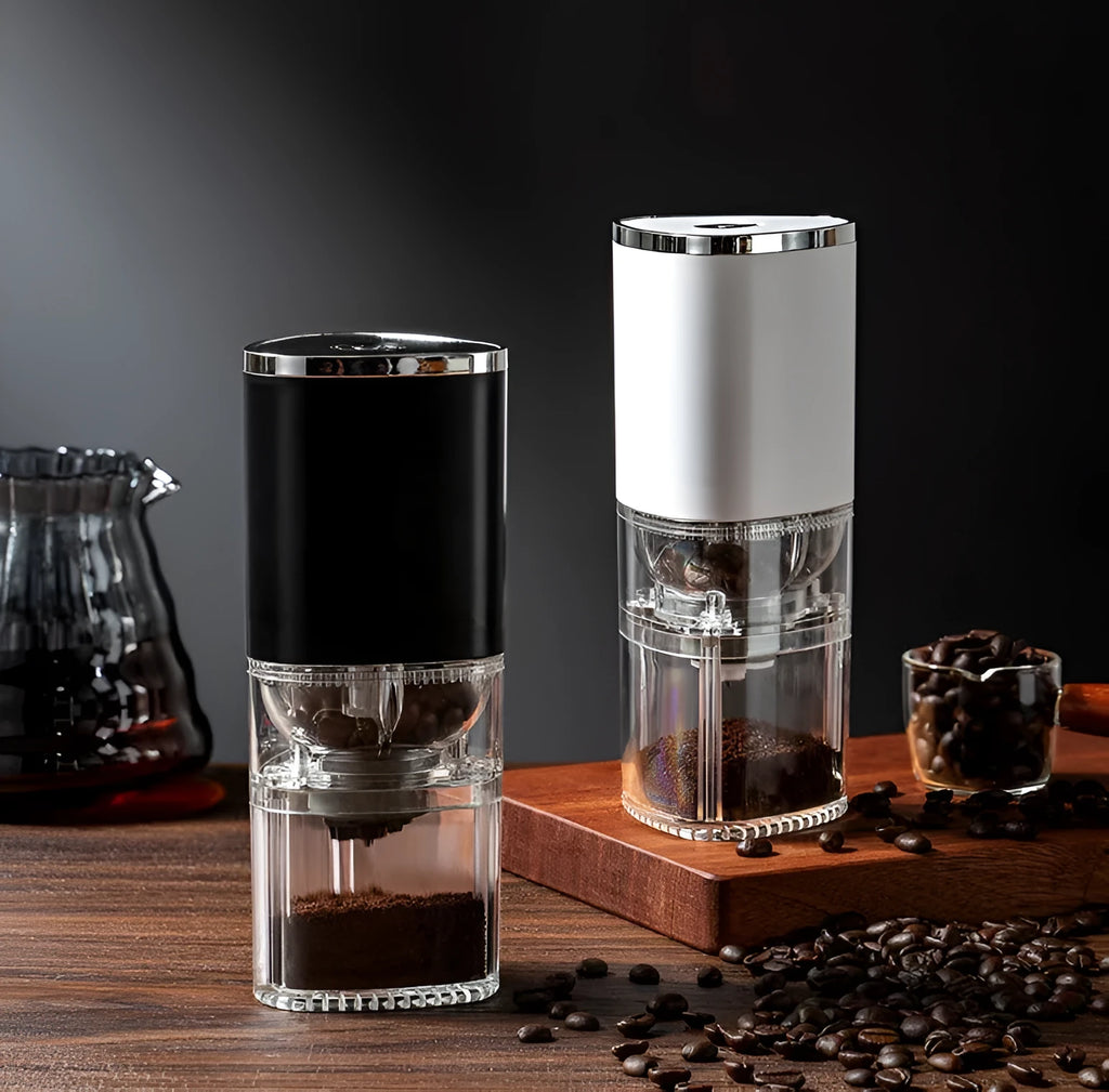 Electric coffee grinder with ceramic burr, USB rechargeable, portable, in frosted white on dark background