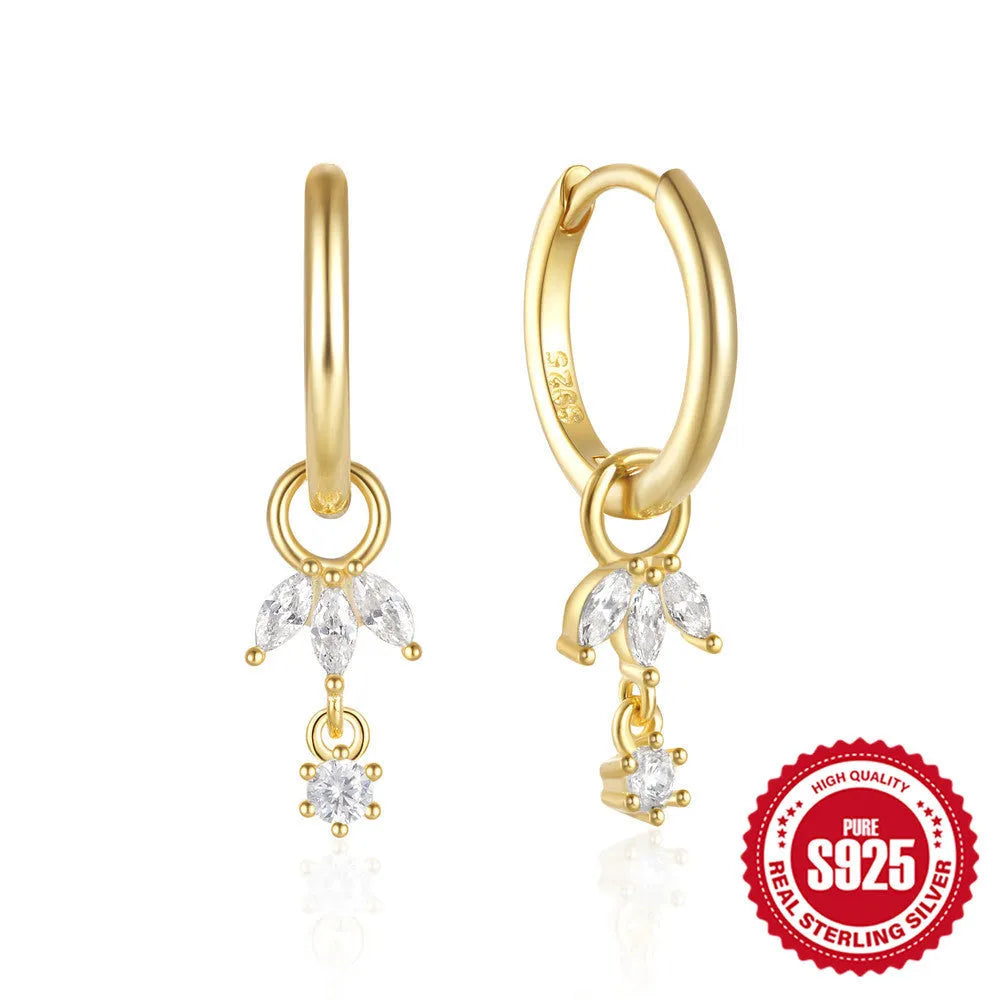 Geometric sunflower earrings in S925 sterling silver with golden three-diamond zircon stones
