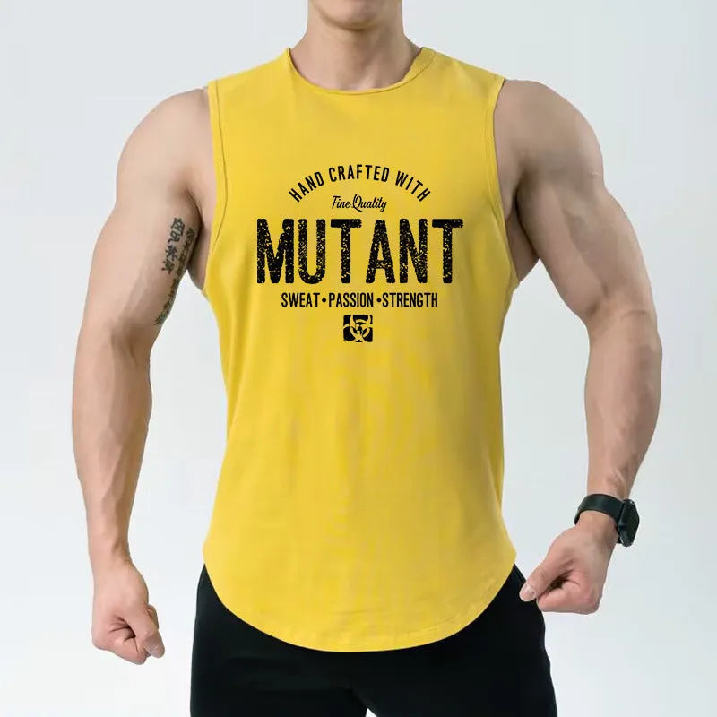 Loose grey polyester fitness vest sleeveless shirt on a hanger, showing its waistcoat design.