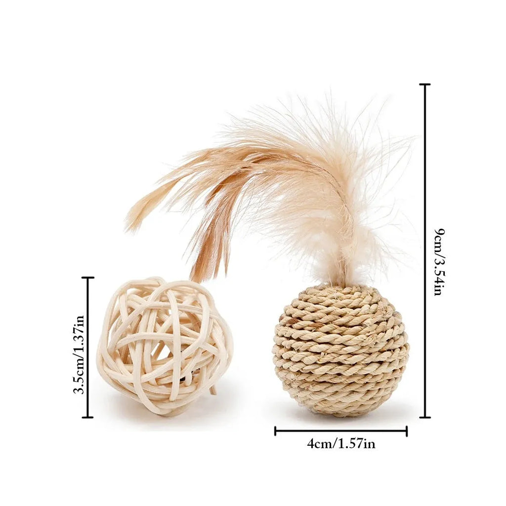 Two cat toys: a natural rattan ball and a colourful faux feather ball with a bell on a white background.