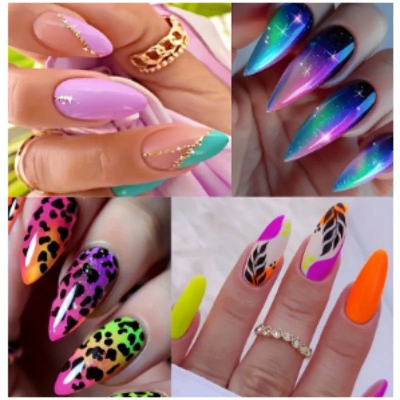 Wear Armour medium almond nail stickers in frosted French leaves, macaron, leopard print, and plating designs.