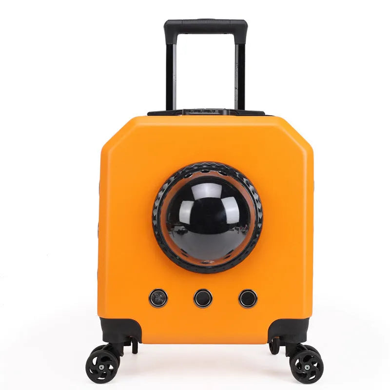 Hard-shell PVC pet flight trolley case for cats, shown in orange with wheels.