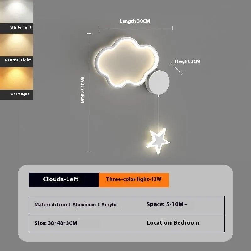 Children's cartoon cloud star wall lamp with LED light in black or white finish