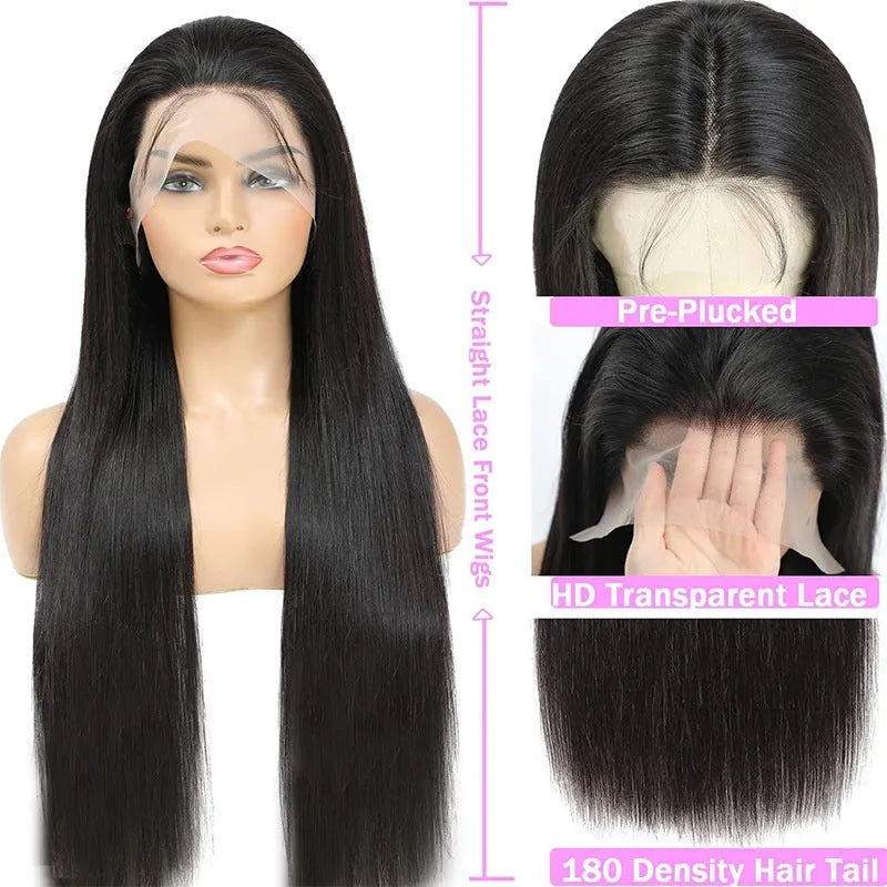 Black straight human hair lace front wig showing 13x6 inch base and long hair length
