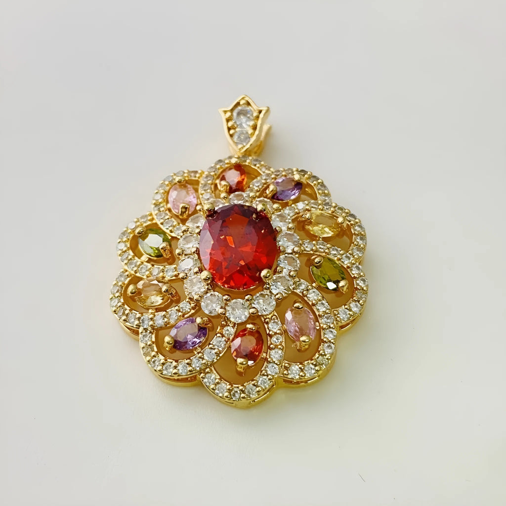 Women's colourful zircon flower pendant necklace with electroplated metal finish