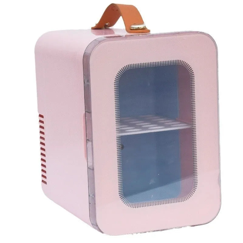 Pink, black and white 6L beauty mini refrigerator with transparent door for car and home dual-use