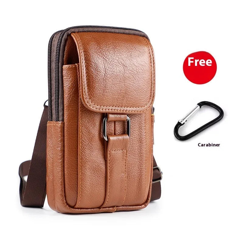 Men's black genuine leather crossbody waist bag with a lock and square vertical shape.