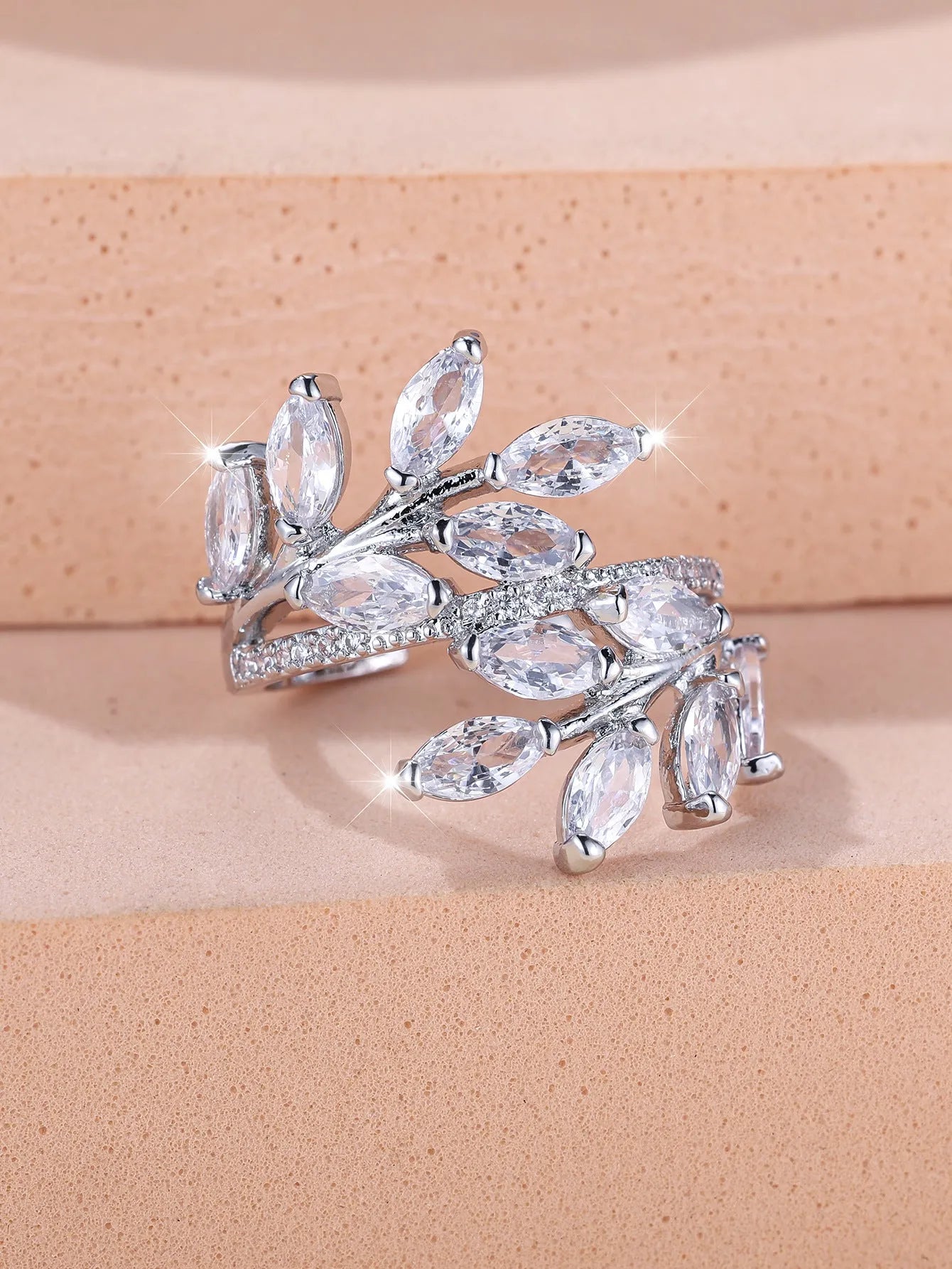 Adjustable horse eye zircon leaf ring in copper with leaf shape design and multiple colour finish options