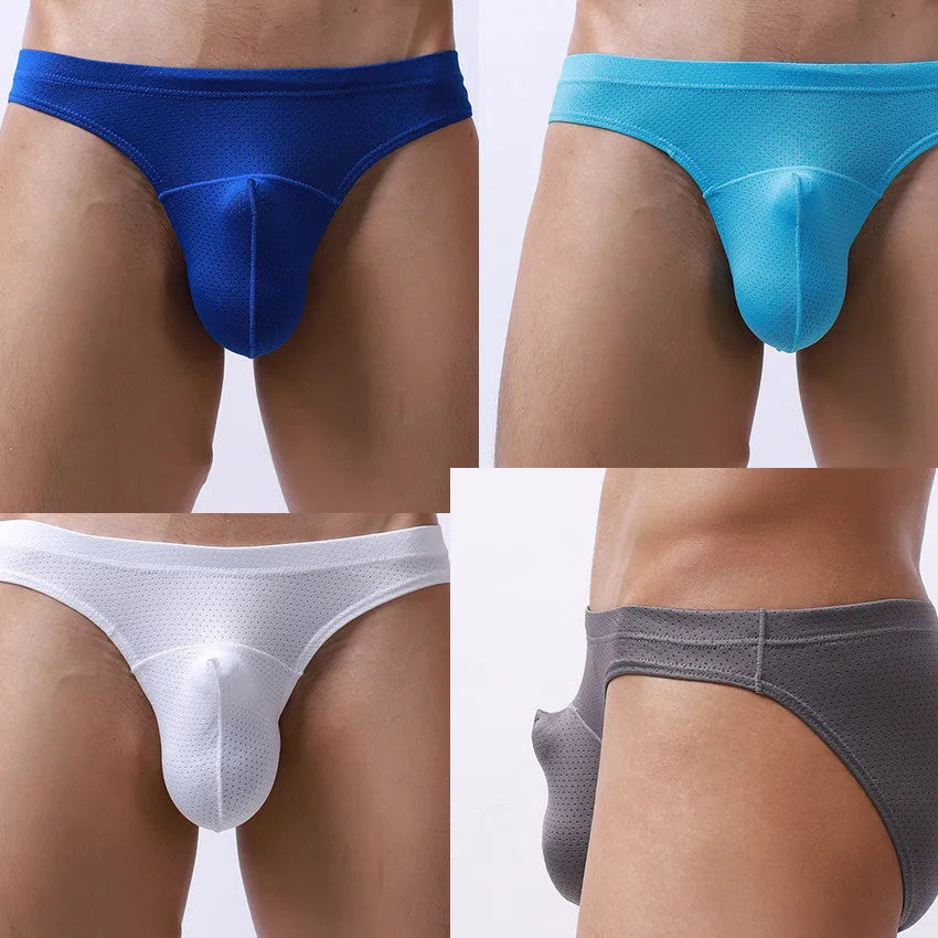 Men's transparent loose nylon underwear in blue, shown on a size chart.