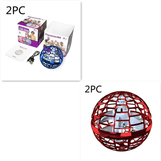 Blue LED spinning flying ball toy with magic wand accessory on white background