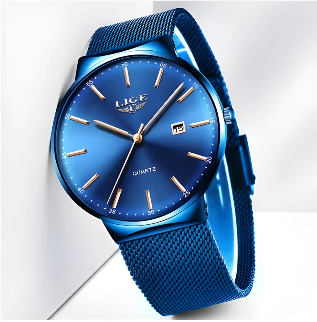 Men's stainless steel watch with 40mm dial in black, blue, or two-tone colour options.