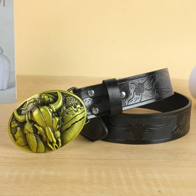Men's imitation leather belt with electroplated cow head alloy buckle, 125 cm length