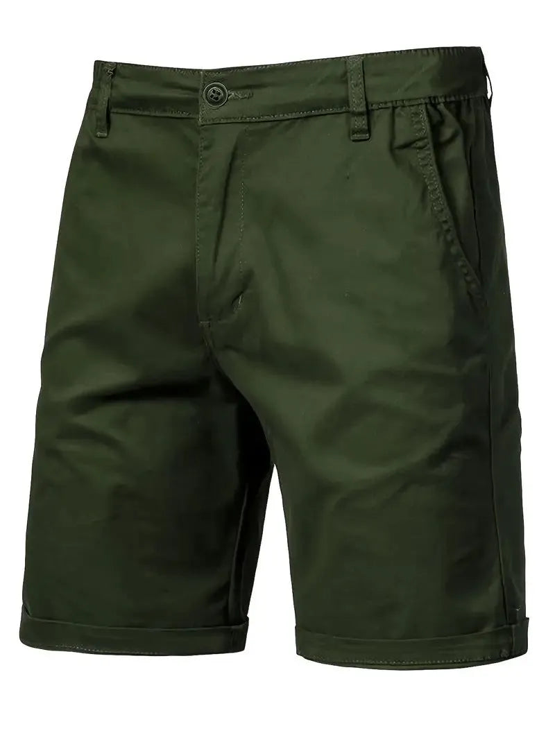 Straight-leg cotton camping shorts in khaki, with zip placket and mid waist, for teenage outdoor leisure