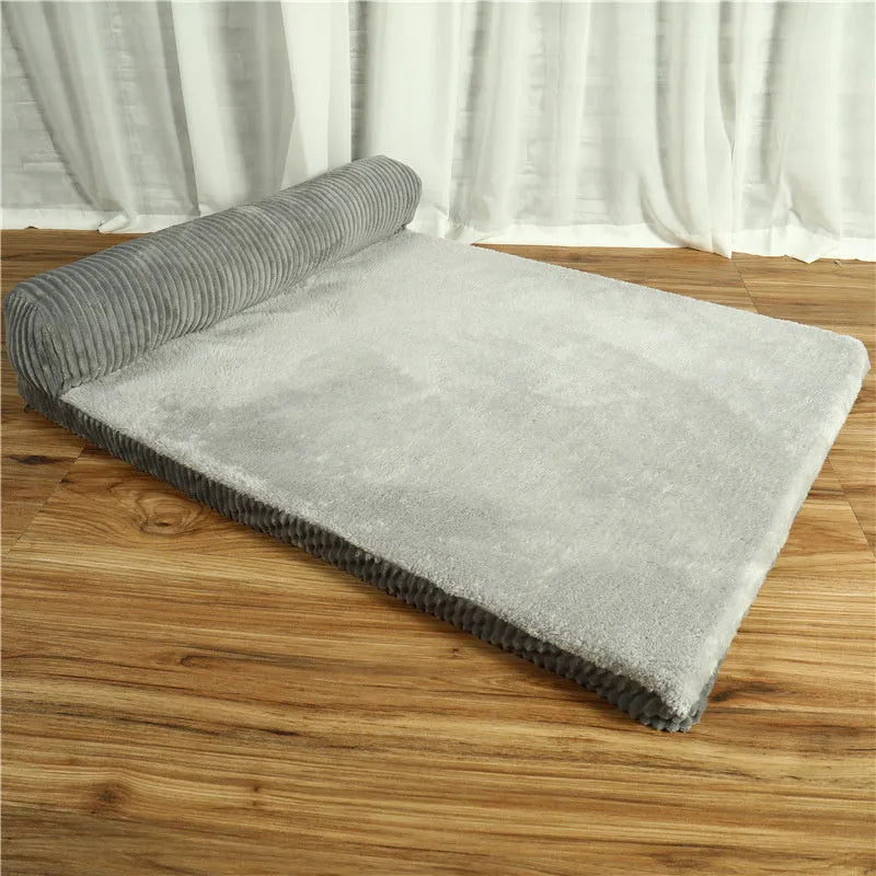 Corduroy pet sofa dog bed with raised edges in coffee colour showing reversible bilateral design