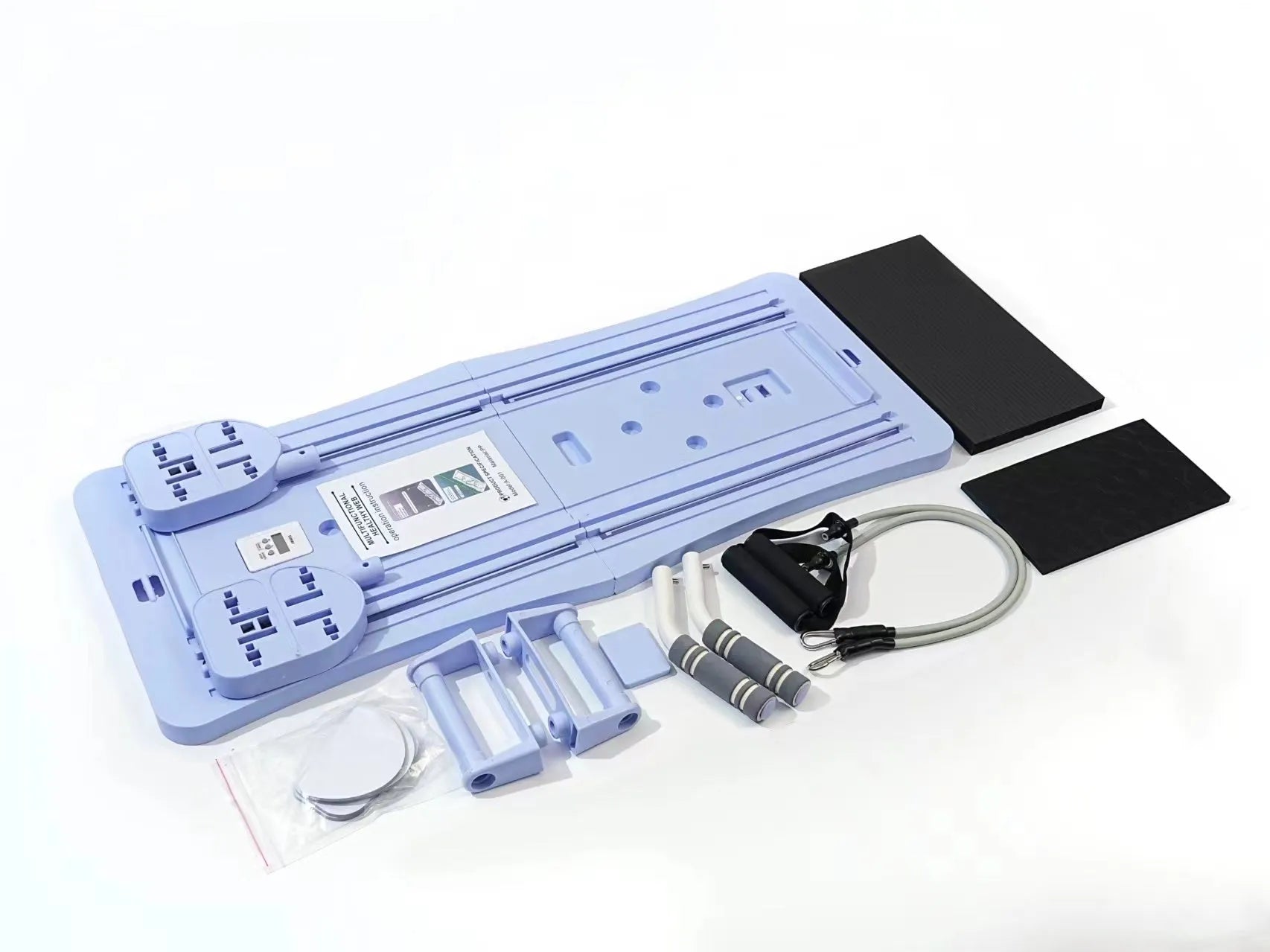 Purple foldable belly panel trainer for abdominal exercises on a home floor