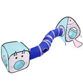 Foldable blue and white cat tent with attached fish tunnel for small pet play