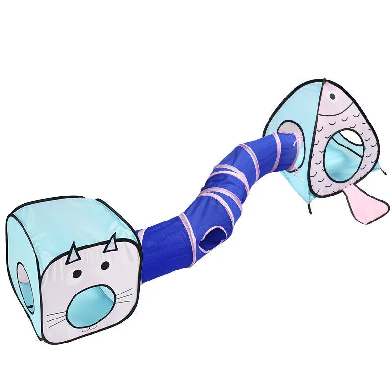 Foldable blue and white cat tent with attached fish tunnel for small pet play